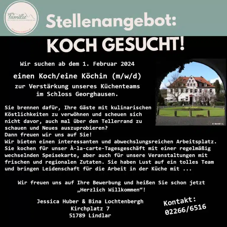 Stellenanzeige Bina Koch gesucht Schloss Heiligenhausen