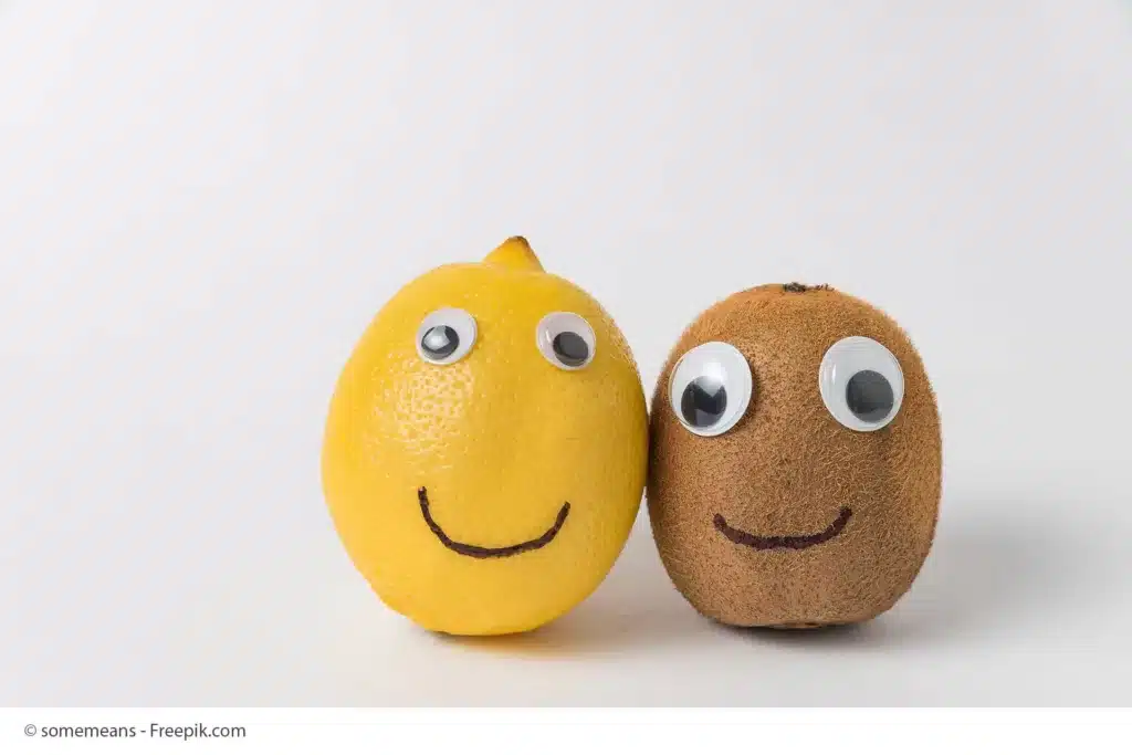 Obst mit Augen Zitrone Kiwi Lebensmittel